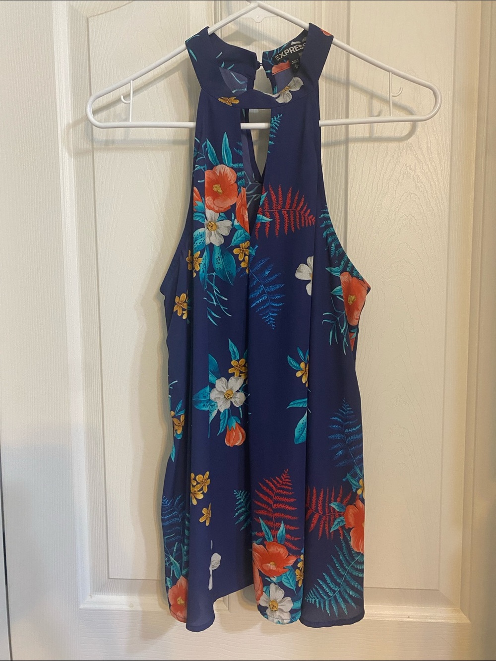 Express Navy Floral Halter Top with Coral & Teal Accents